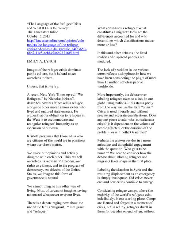 (PDF) The Language of the Refugee Crisis and What It Fails to Convey