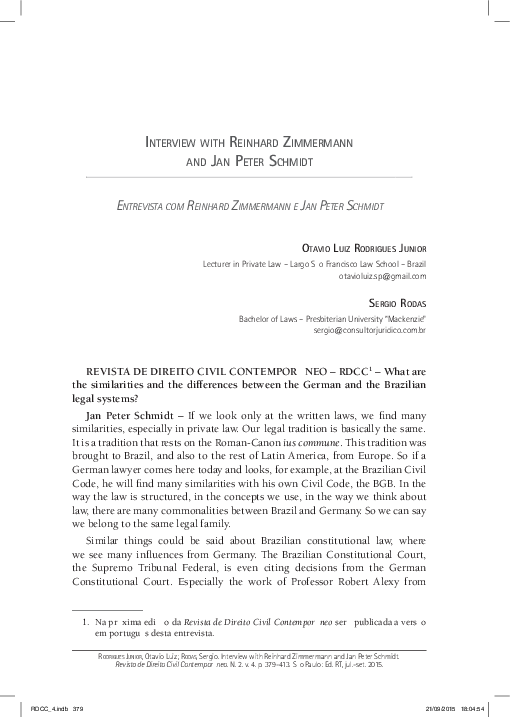 Pdf Interview With Reinhard Zimmermann And Jan Peter Schmidt Otavio Luiz Rodrigues Junior And Reinhard Zimmermann Academia Edu