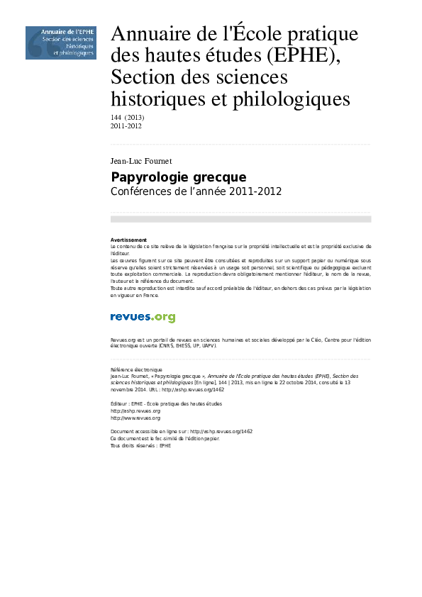 Rapport des conférences en papyrologie grecque 20112012 à l'École