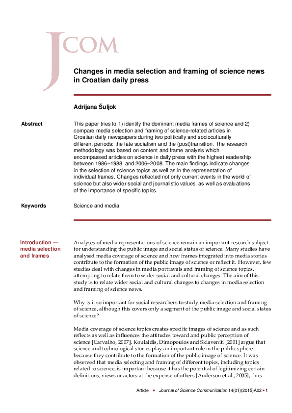 (PDF) Changes in media selection and framing of science news in ...