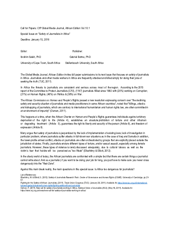 (PDF) NEWCfP Global Media Journal, African Edition 10(1) 2016 Dr