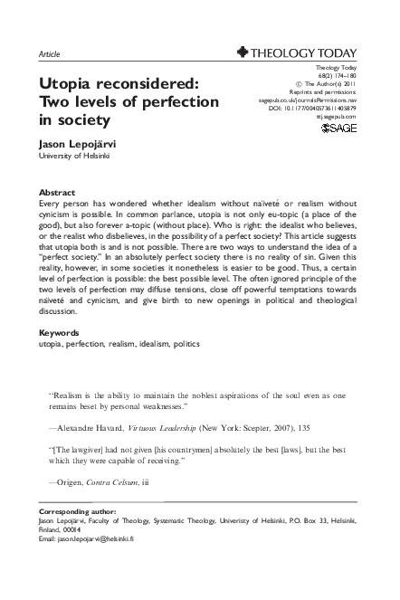 (PDF) Utopia Reconsidered: Two Levels of Perfection in Society