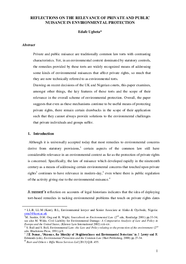 (PDF) Reflections on the Relevance of Private and Public Nuisance in