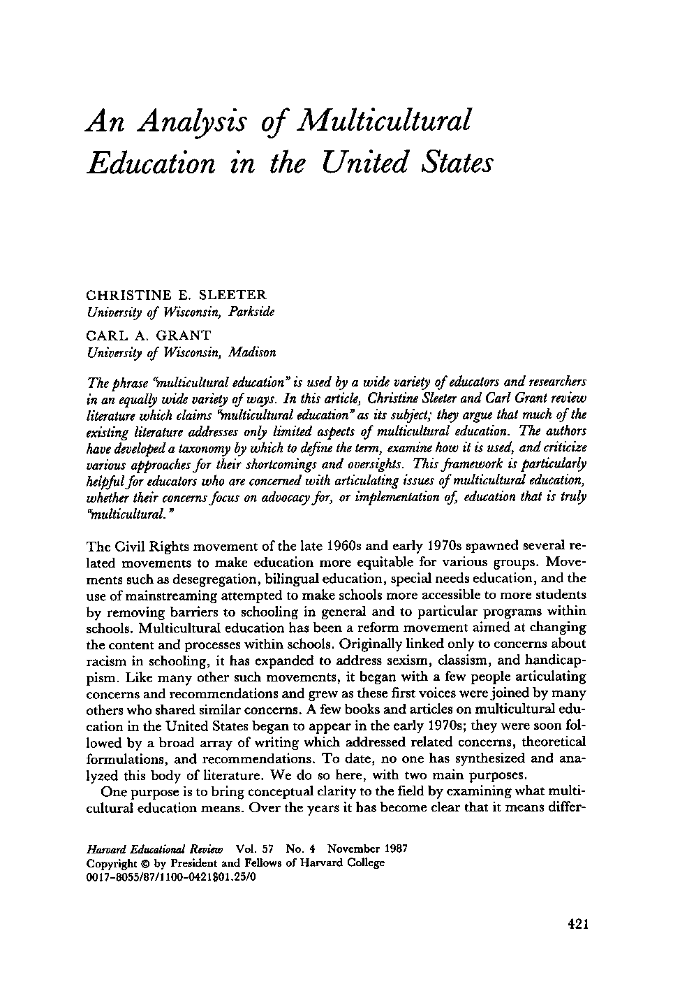 (PDF) An analysis of multicultural education in the United States