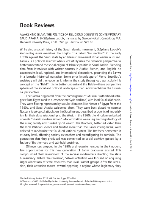 Pdf Book Review Awakening Islam The Politics Of Religious Dissent In Contemporary Saudi Arabia By Stephane Lacroix Translated By George Holoch Cambridge Ma Harvard University Press 2011 Ali Abdul Kadir Ali