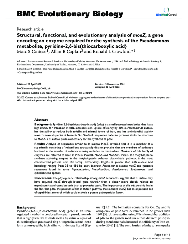 (PDF) Structural, functional, and evolutionary analysis of moeZ, a gene ...
