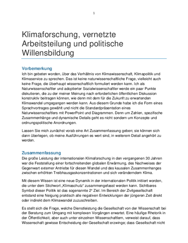 Klimaforschung, Vernetzung und politische Willensbildung
