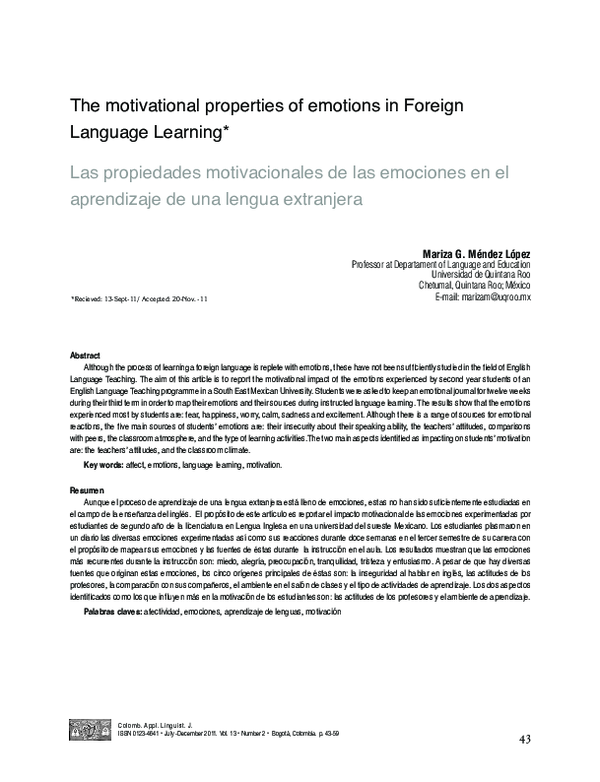 (PDF) The motivational properties of emotions in Foreign Language Learning