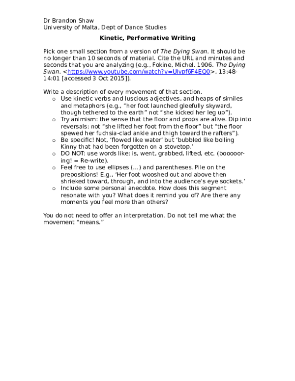 (DOC) Beginning Dance Writing: Kinetic Performative Writing