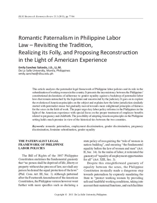 (PDF) Romantic Paternalism in Philippine Labor Law: Revisiting the ...
