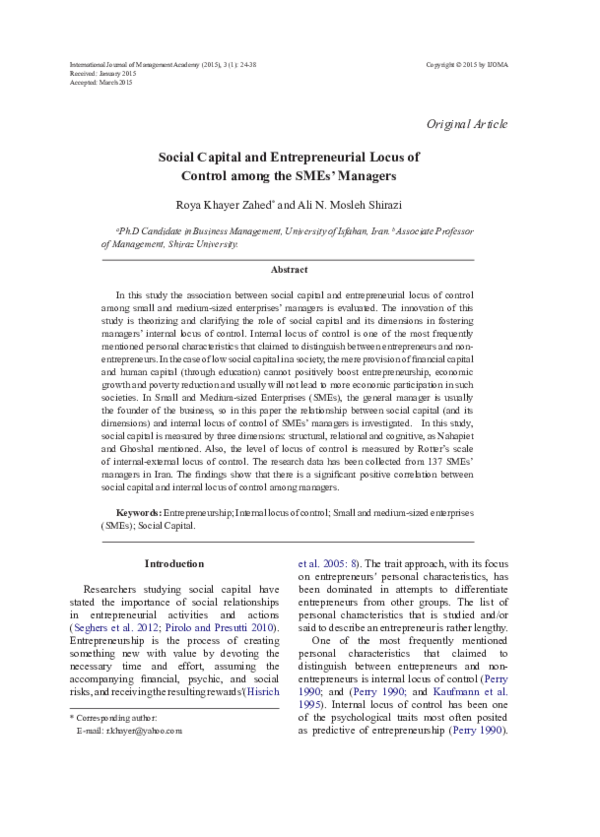 (PDF) Social Capital and Entrepreneurial Locus of Control among the ...