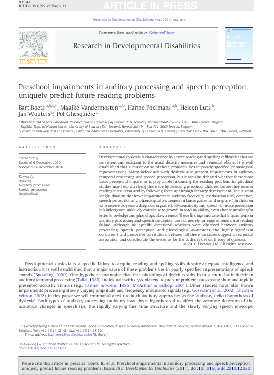 (PDF) Preschool impairments in auditory processing and speech ...