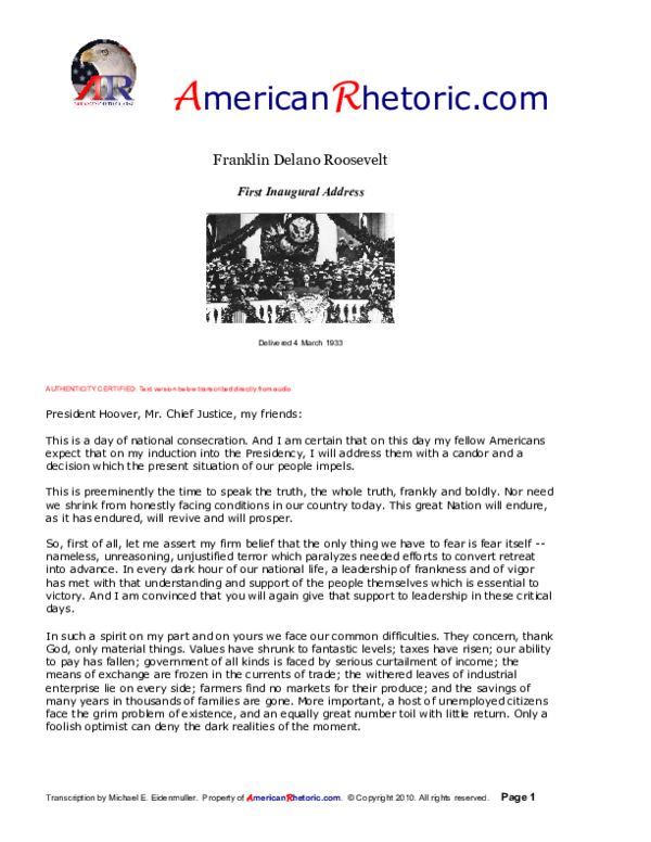 (PDF) FDR First Inaugural Address