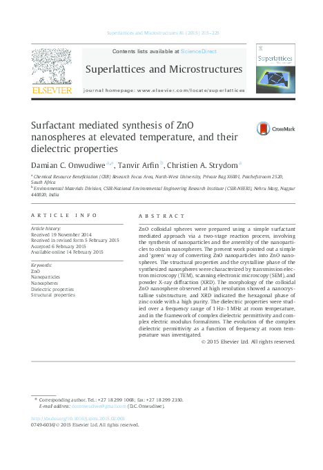 (PDF) Surfactant mediated synthesis of ZnO nanospheres at elevated ...