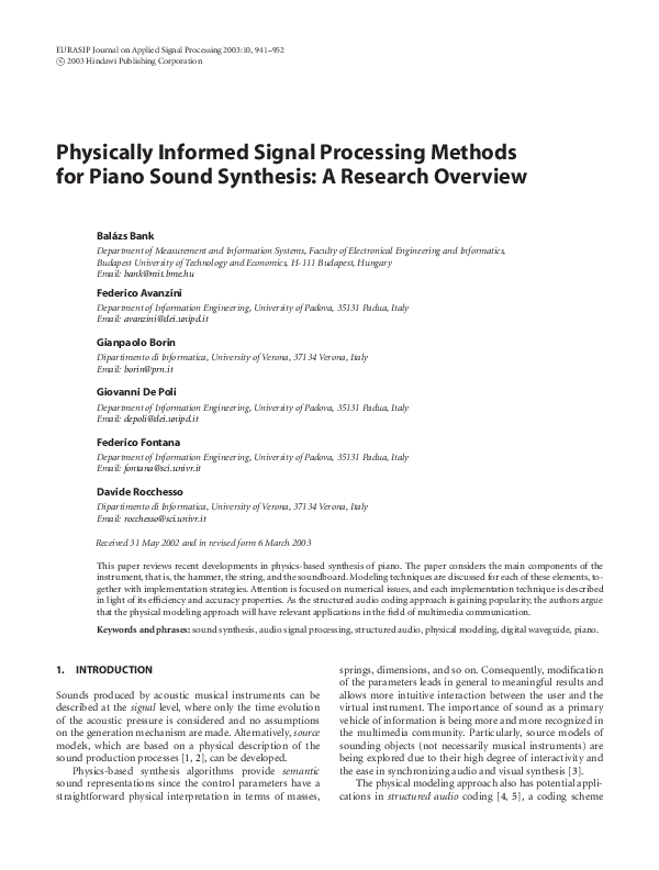 (PDF) Physically Informed Signal Processing Methods for Piano Sound ...