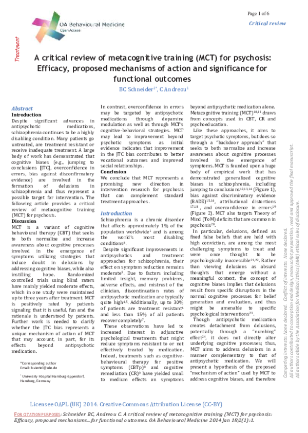 (PDF) A critical review of metacognitive training (MCT) for psychosis ...