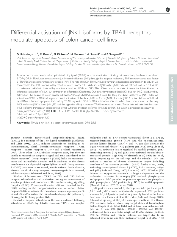 (PDF) Differential activation of JNK1 isoforms by TRAIL receptors ...