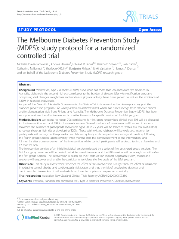 (PDF) The Melbourne Diabetes Prevention Study (MDPS): study protocol ...