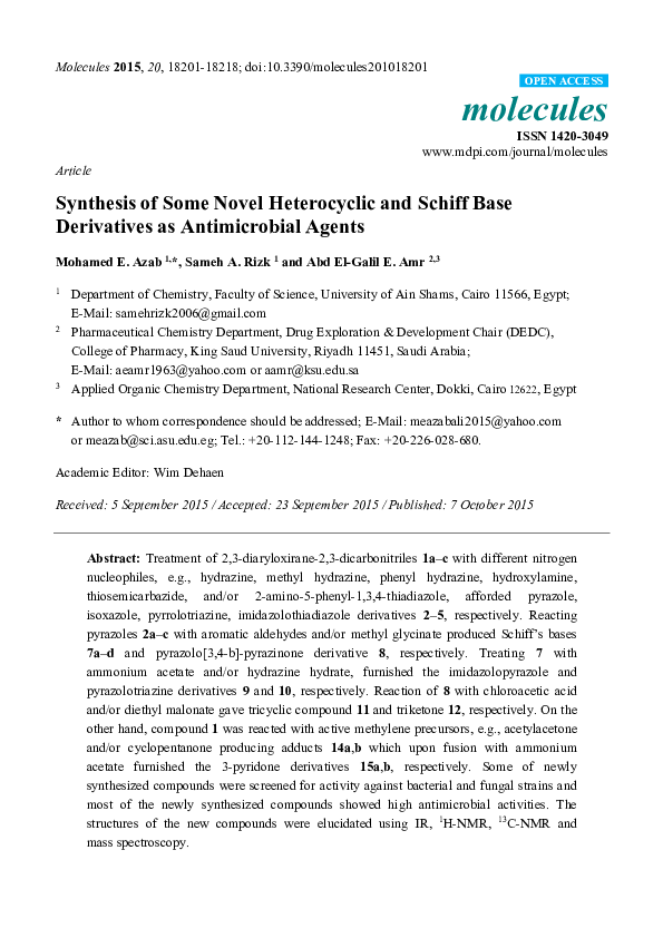 (PDF) Synthesis of Some Novel Heterocyclic and Schiff Base Derivatives ...