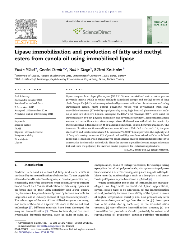 (PDF) Lipase immobilization and production of fatty acid methyl esters