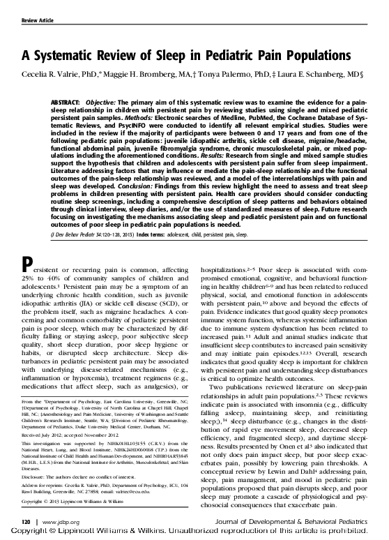 (PDF) A Systematic Review of Sleep in Pediatric Pain Populations