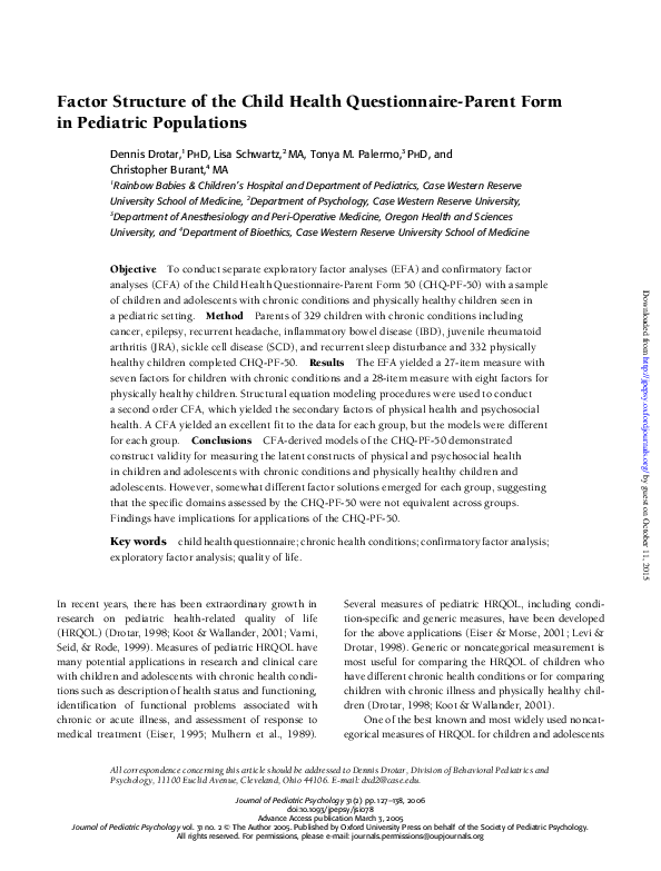 (PDF) Factor Structure of the Child Health QuestionnaireParent Form in
