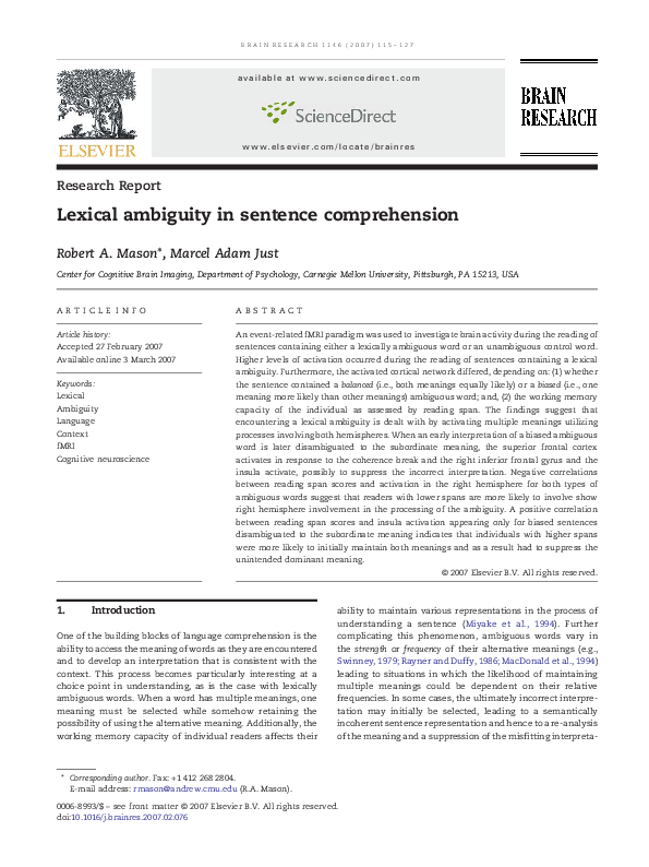 (PDF) Lexical ambiguity in sentence comprehension