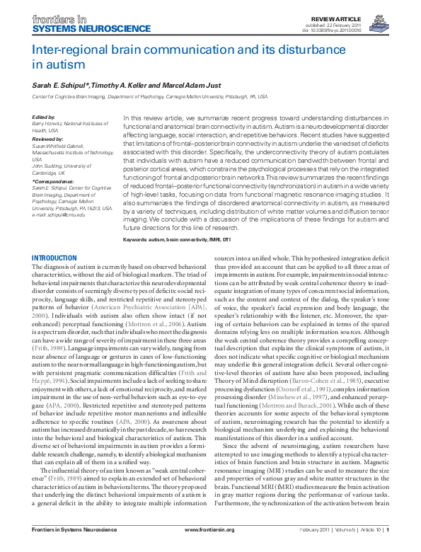 (PDF) Inter-Regional Brain Communication and Its Disturbance in Autism