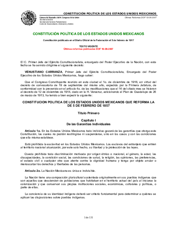 (DOC) CONSTITUCION POLITICA DE LOS ESTADOS UNIDOS MEXICANOS uno