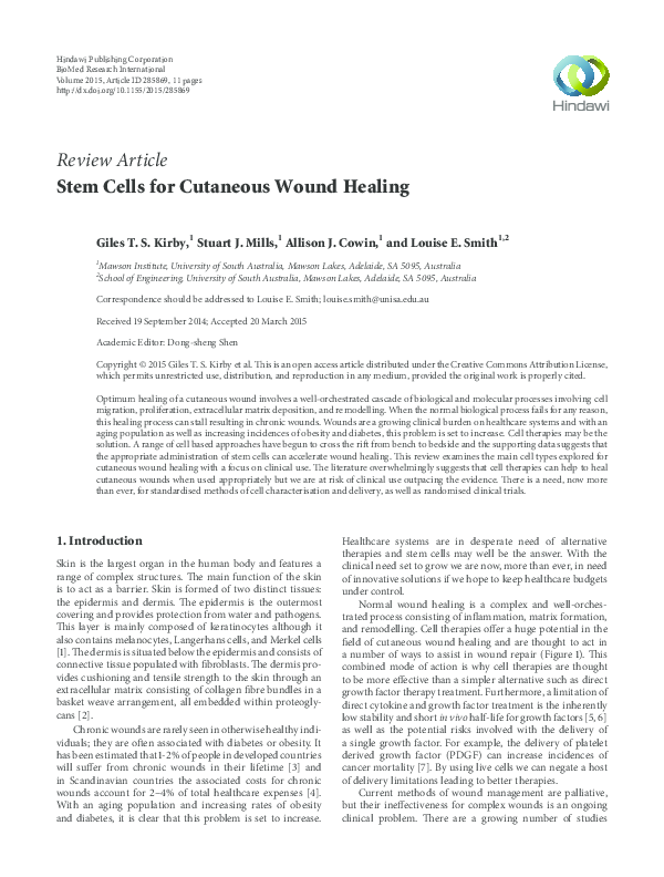 (PDF) Stem Cells for Cutaneous Wound Healing