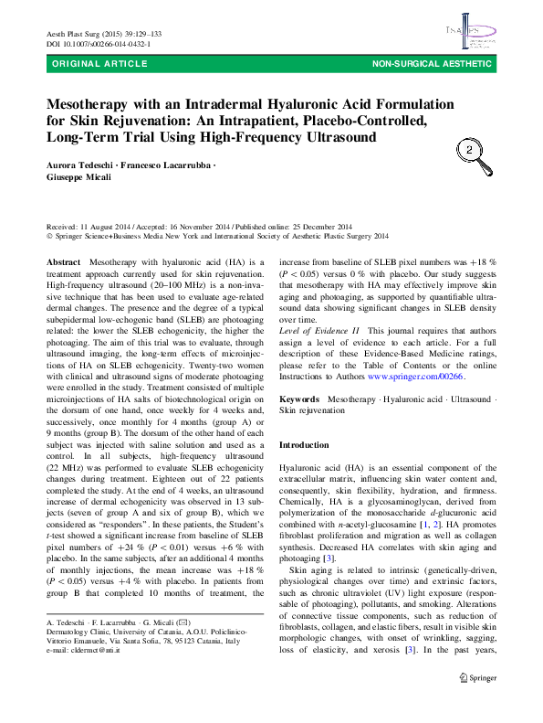(PDF) Mesotherapy with an Intradermal Hyaluronic Acid Formulation for