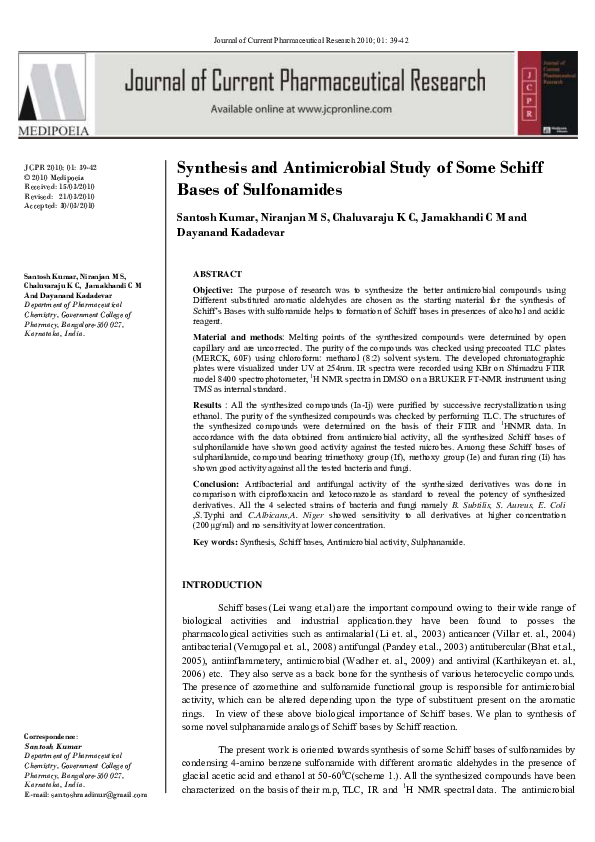 (PDF) Synthesis and Antimicrobial Study of Some Schiff Bases of ...