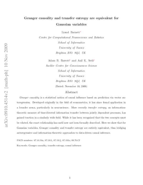 (PDF) Granger Causality and Transfer Entropy Are Equivalent for ...