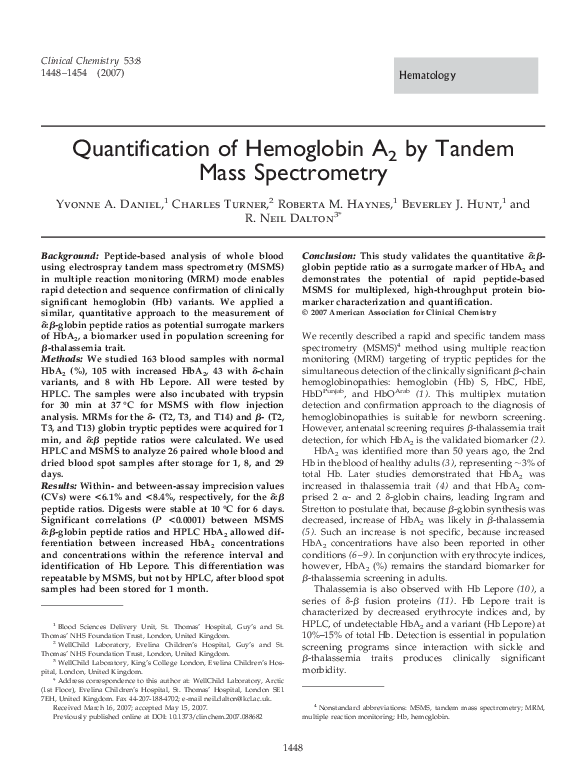 (PDF) Quantification of Hemoglobin A2 by Tandem Mass Spectrometry