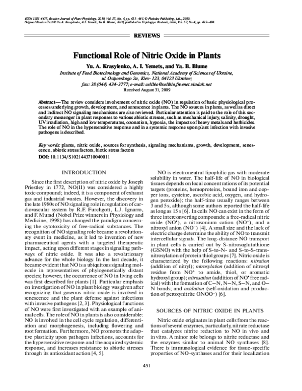 (PDF) Functional role of nitric oxide in plants