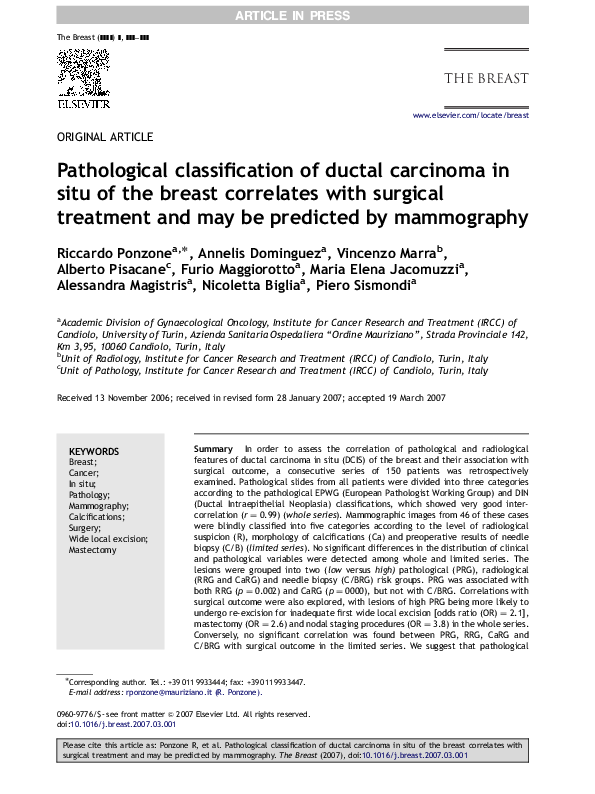 (PDF) Pathological classification of ductal carcinoma in situ of the ...