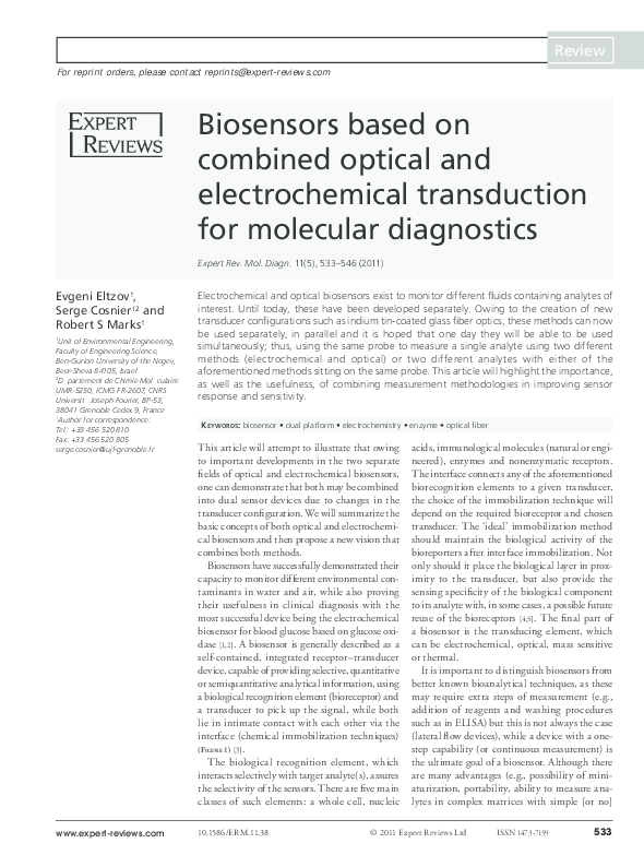 Pdf Biosensors Based On Combined Optical And Electrochemical Transduction For Molecular Diagnostics Evgeni Eltzov Academia Edu