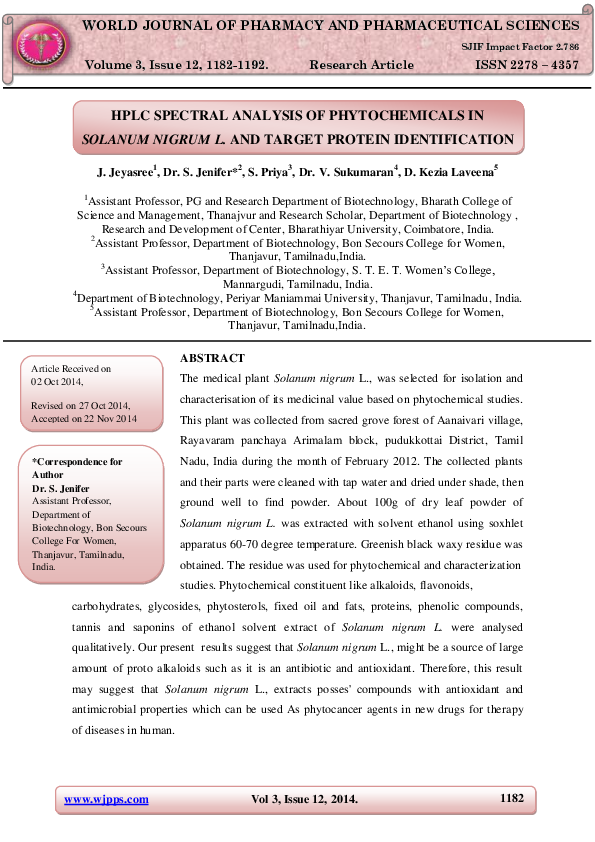 (PDF) HPLC SPECTRAL ANALYSIS OF PHYTOCHEMICALS IN SOLANUM NIGRUM L. AND TARGET PROTEIN