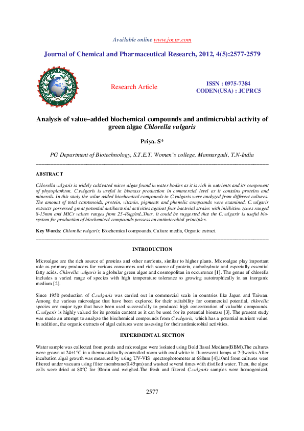 Pdf Analysis Of Value Added Biochemical Compounds And Antimicrobial Activity Of Green Algae Chlorella Vulgaris Priya Sekar Academia Edu