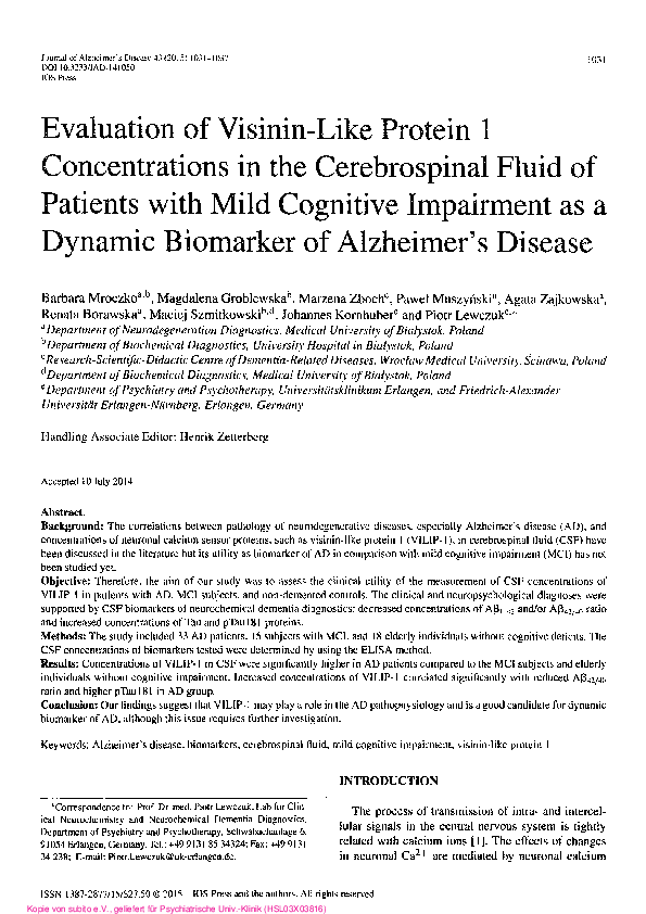 (PDF) Evaluation of visinin-like protein 1 concentrations in the ...