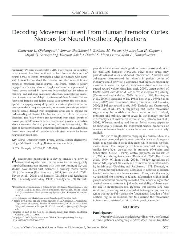 (PDF) Decoding Movement Intent From Human Premotor Cortex Neurons for ...