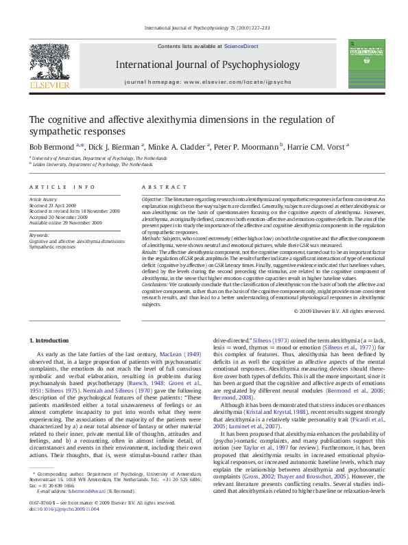 (PDF) The cognitive and affective alexithymia dimensions in the ...