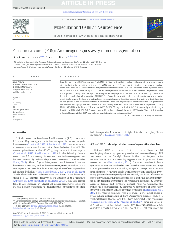 (PDF) Fused in sarcoma (FUS): An oncogene goes awry in neurodegeneration