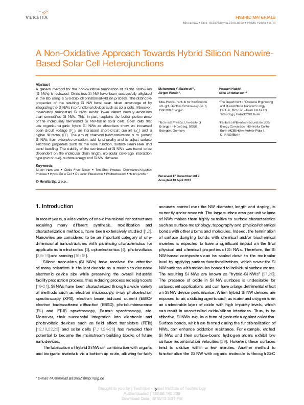 (PDF) A NonOxidative Approach Towards Hybrid Silicon Nanowire Based