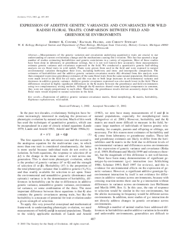 (PDF) EXPRESSION OF ADDITIVE GENETIC VARIANCES AND COVARIANCES FOR WILD ...