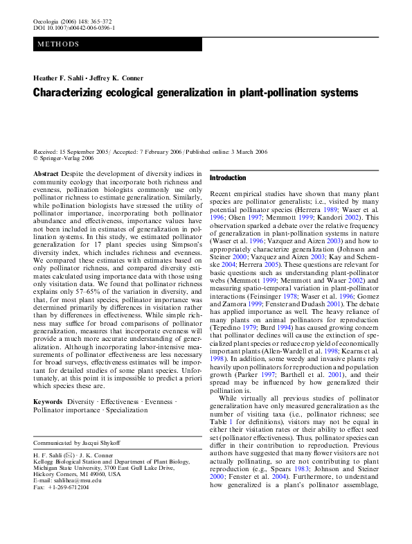(PDF) Characterizing ecological generalization in plant-pollination systems
