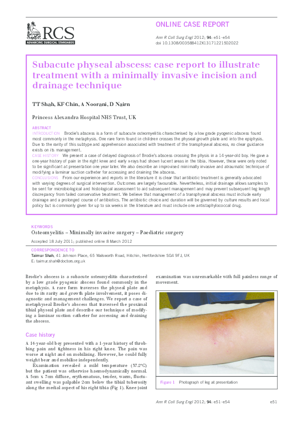 (PDF) Subacute physeal abscess: case report to illustrate treatment ...