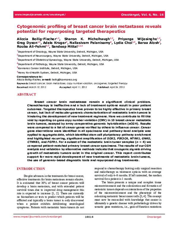 (PDF) Cytogenomic profiling of breast cancer brain metastases reveals ...