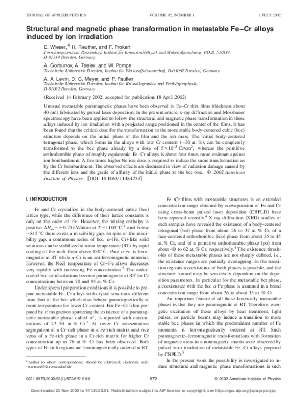 (PDF) Structural and magnetic phase transformation in metastable Fe–Cr ...