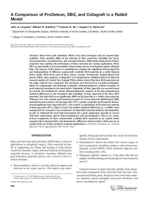 (PDF) A comparison of ProOsteon, DBX, and collagraft in a rabbit model
